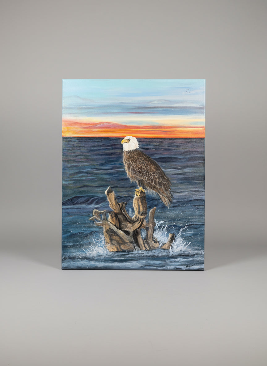 Eagle with sunset. I was inspired by a friend's photo of a beautiful sunset on Lake Winnebago and decided to add the eagle due to my love for them. 18x24.jpg
