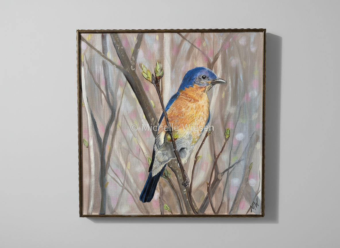 Painted bluebird on an upcycled wood panel frame. Original in acrylic. 12 x 12