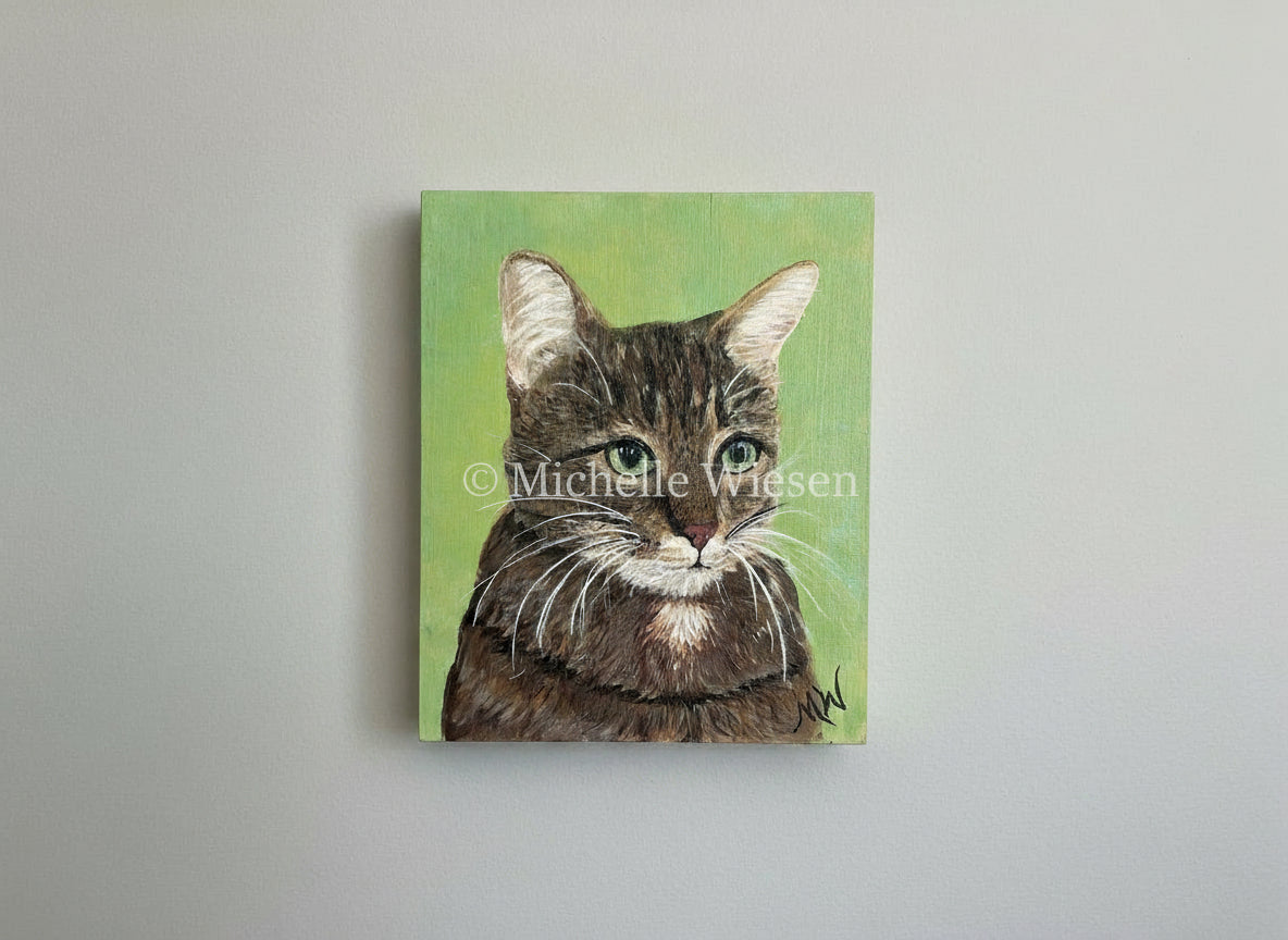 Brown Tabby cat painted in acrylic paint on repurposed wood. Michele Wiesen Original Artwork. 6.5x8.5