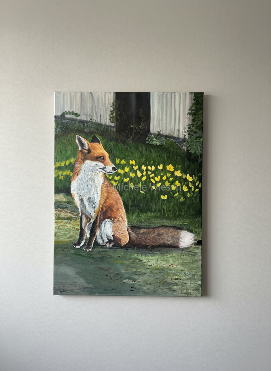 Fox with yellow flowers on stretched canvas. 18 x24 Photo  credit to Wayne McGregor