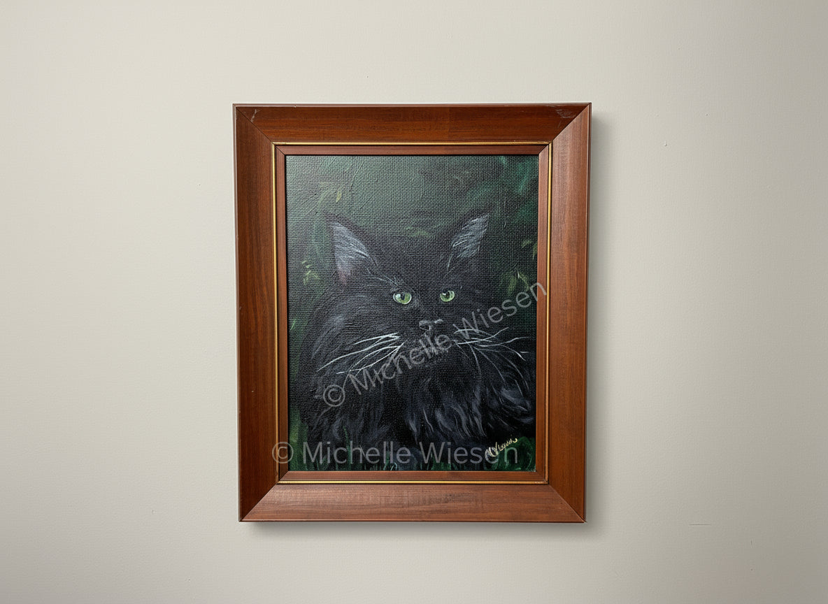Black cat with green eyes in a wooden frame. Original acrylic painting by MIchele Wiesen. 8 x10