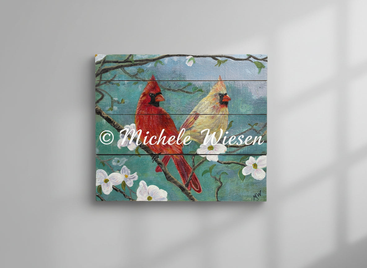 13x11 Male and Female cardinal painted in acrylic painted on reclaimed wood. Not an original composition.