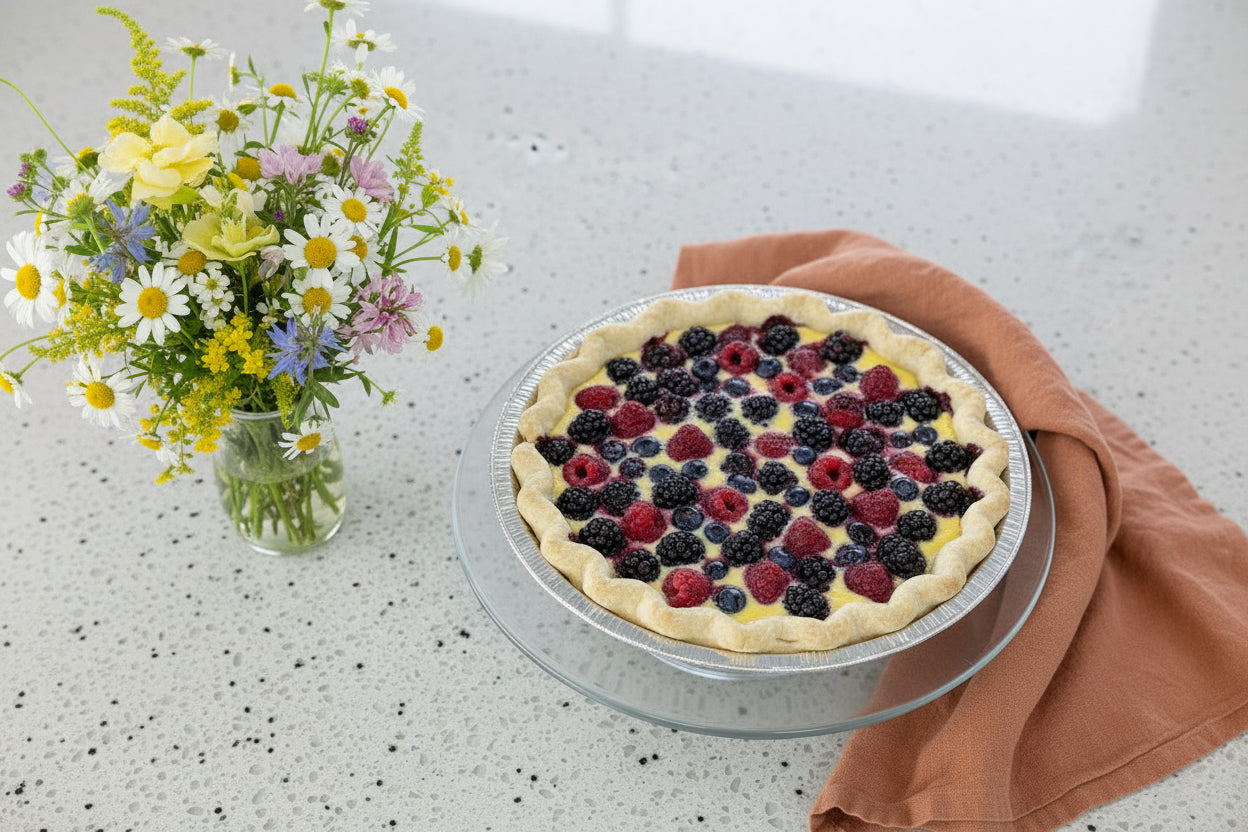 Berry Custard pie from Sweet Pea's in Mayville WI. Background generated by AI