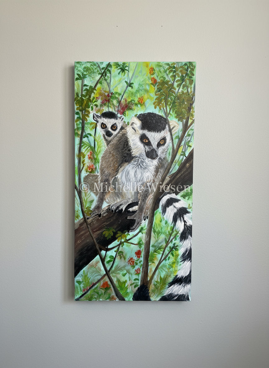 Lemurs from the Cristo Ray Ranch in Mt. Calvary. Acrylic on stretched canvas 12 x 24