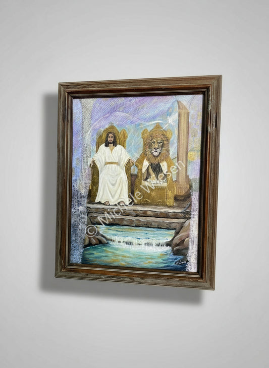 This painting depicts Jesus, God, and the Holy Spirit behind the torn veil. In the background are the golden rooms that have been prepared for us. painted on 16x20 panel. Frame included.