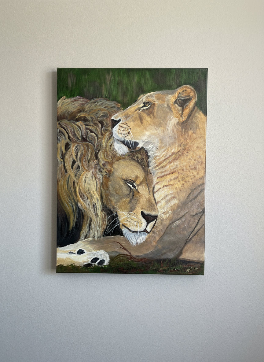 Male and female lions painted on stretched canvas. Original Michele Wiesen in acrylic. 18x24
