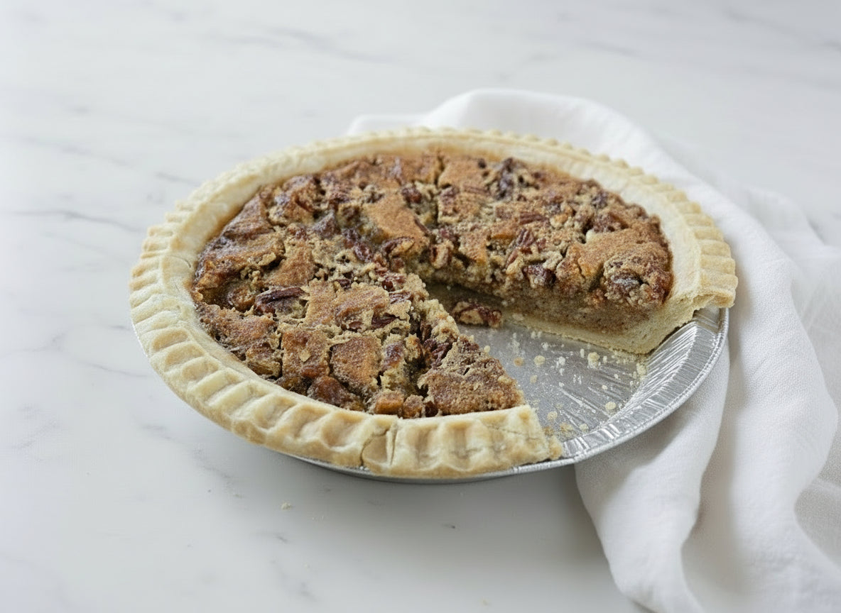 Sweet Pea's 5" Bourbon Pecan Pie with a slice missing and an ai-generated background