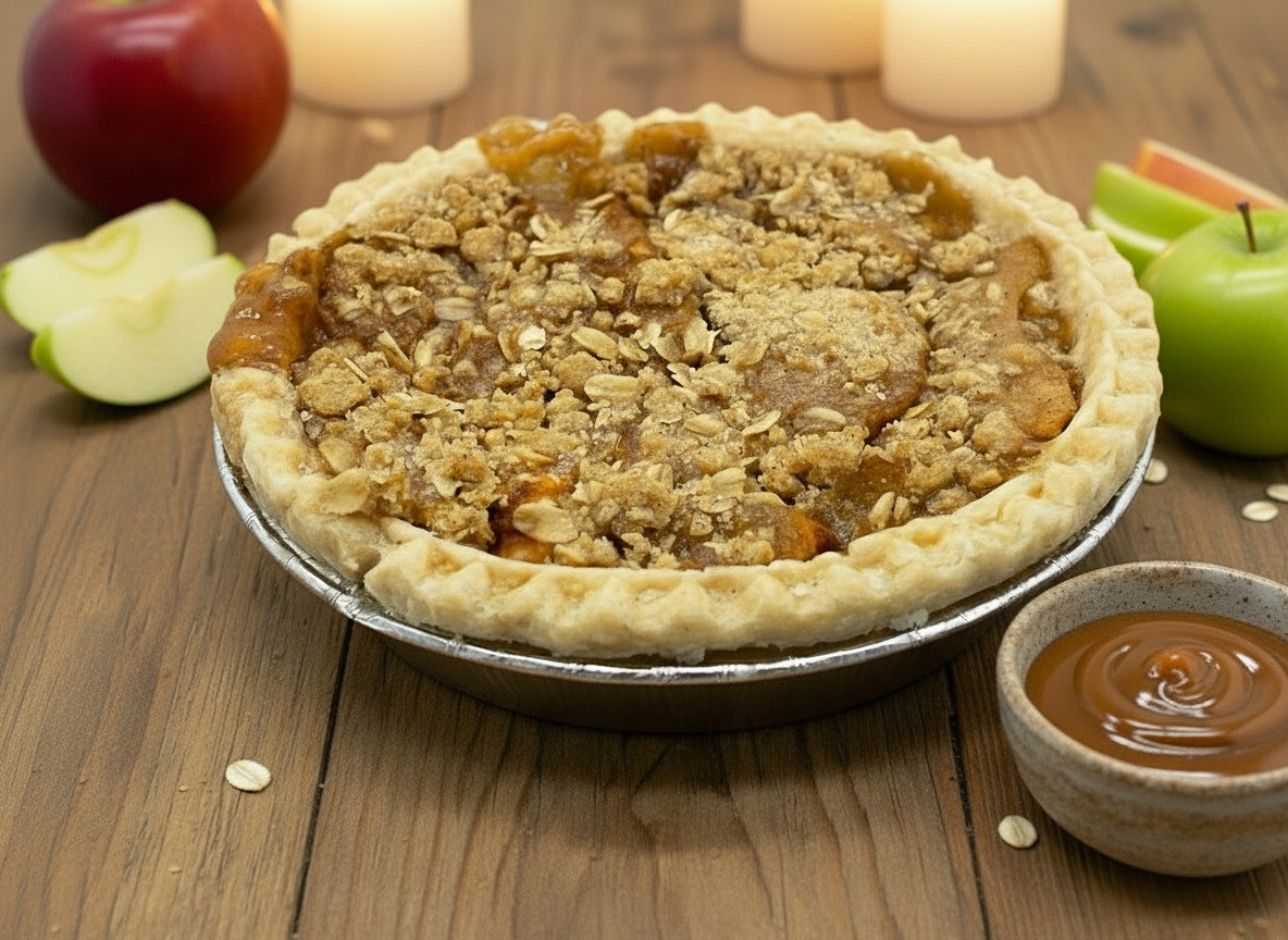 Sweet Pea’s best selling 5” caramel apple crumble pie with an ai generated background.
