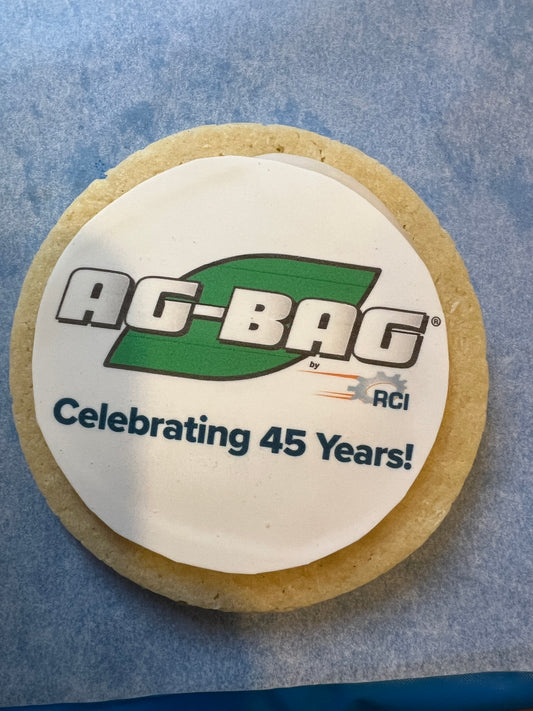 A customized Sugar Cookie with Ag-Bag logo printed with edible ink on fondant and made by Sweet Pea's in Mayville Wisconsin 