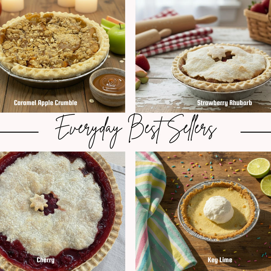 Everyday Best Sellers Mini Pie Flight includes caramel apple crumble, strawberry rhubarb, cherry, and key lime pies in 5" tins.