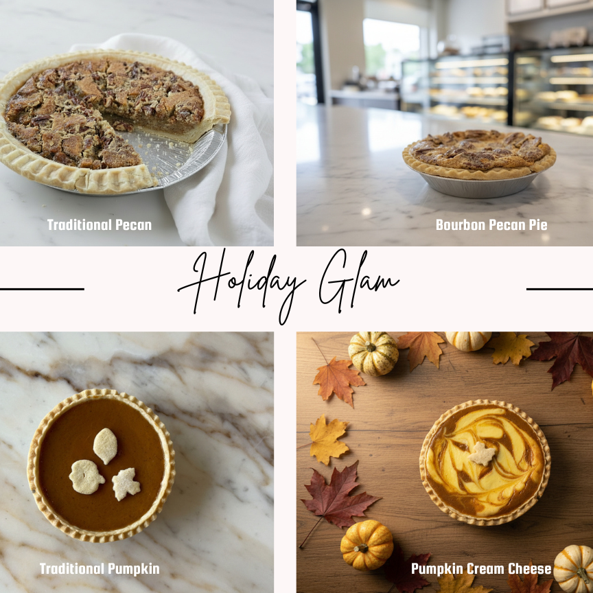 Sweet Pea's Holiday Glam Flight includes Traditional Pecan, Bourbon Pecan, Pumpkin, and Cream Cheese Pumpkin 5" pies