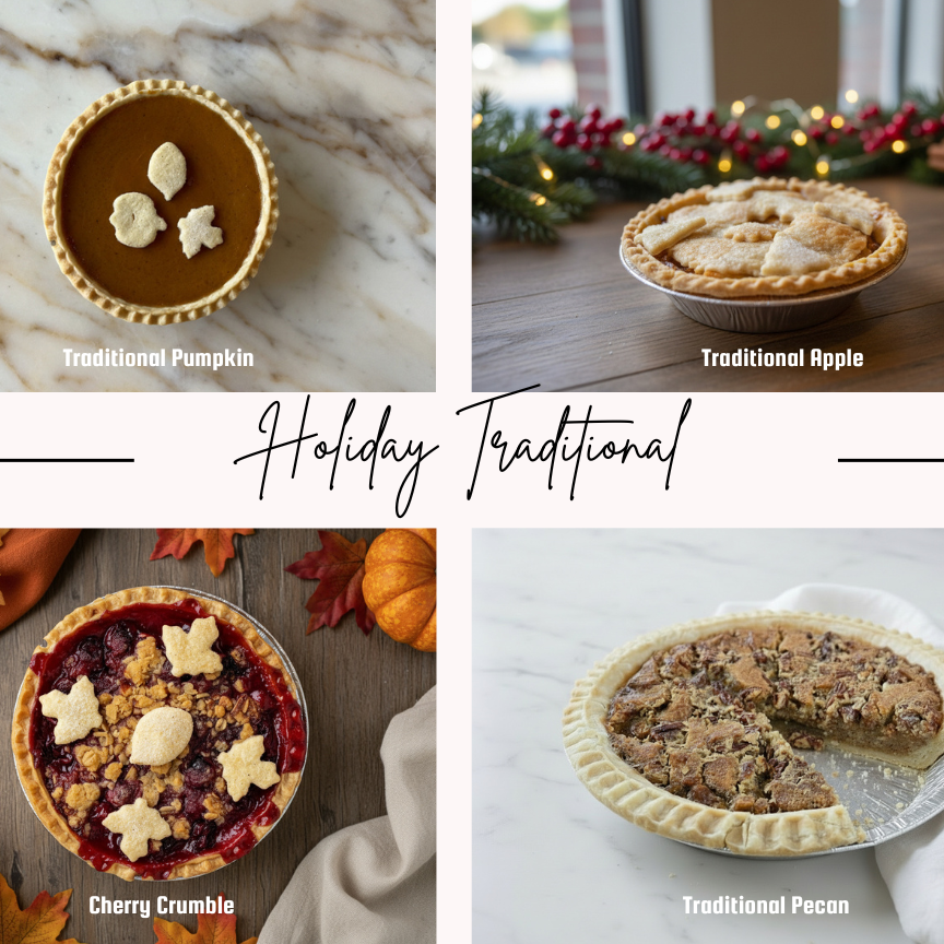 Sweet Pea's Holiday Traditional Pie flight includes pumpkin, apple, cherry crumble, and pecan 5" pies