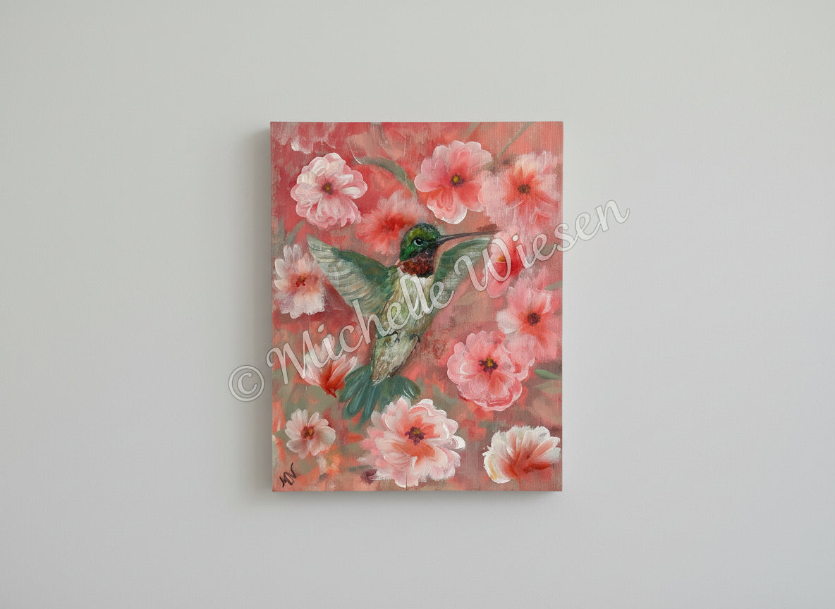 Hummingbird amongst the cherry blossoms painted in acrylic paint on repurposed wood. 8.25x10.5