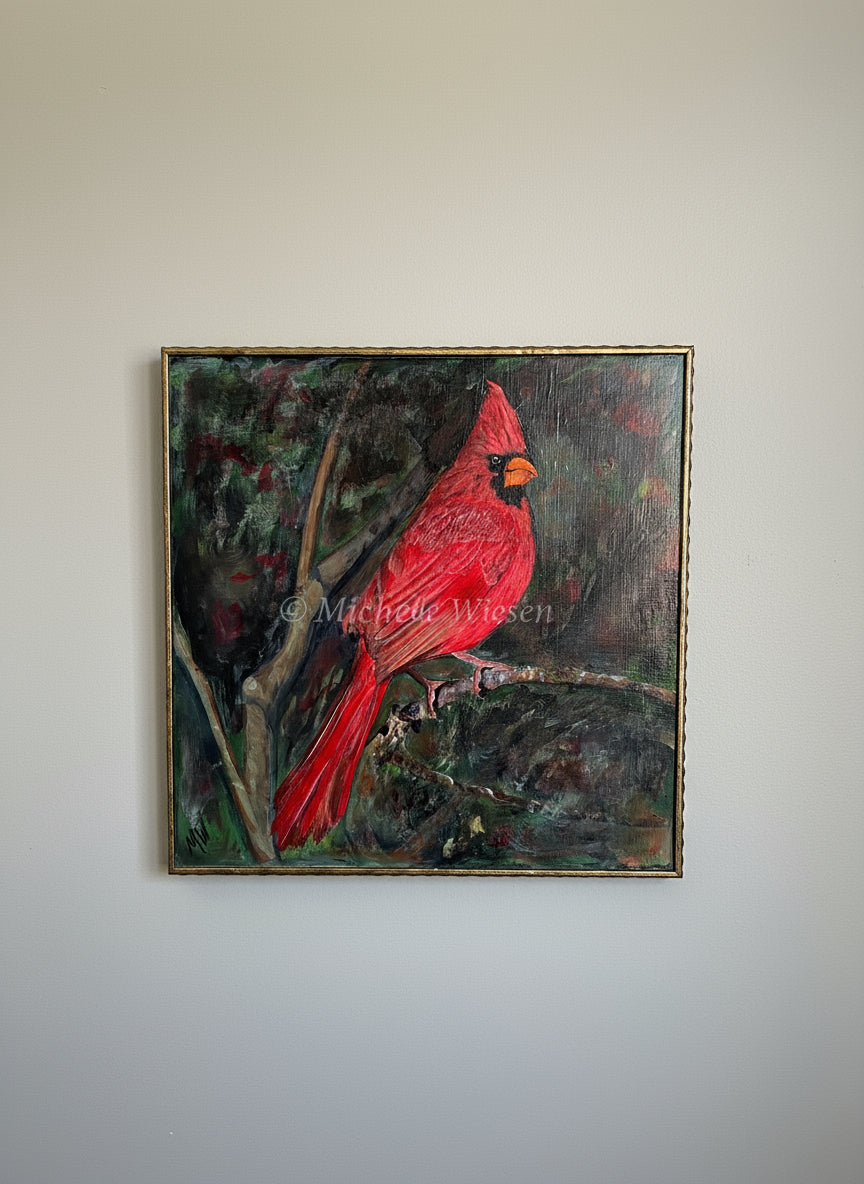 Male cardinal painted on a repurposed framed panel. Original in acrylic. 12 x12