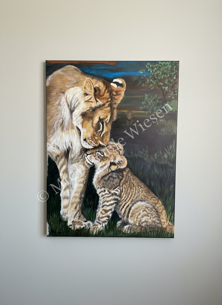 Lion and her cub painted with acrylic on stretched canvas. Michele Wiesen Original Artwork. 18 x 24