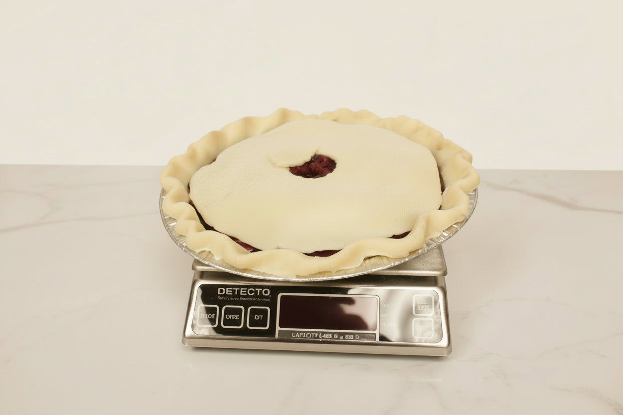 a frozen, ready to bake pie on a scale