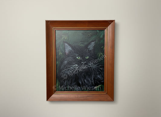 Black cat with green eyes in a wooden frame. Original acrylic painting by MIchele Wiesen. 8 x10