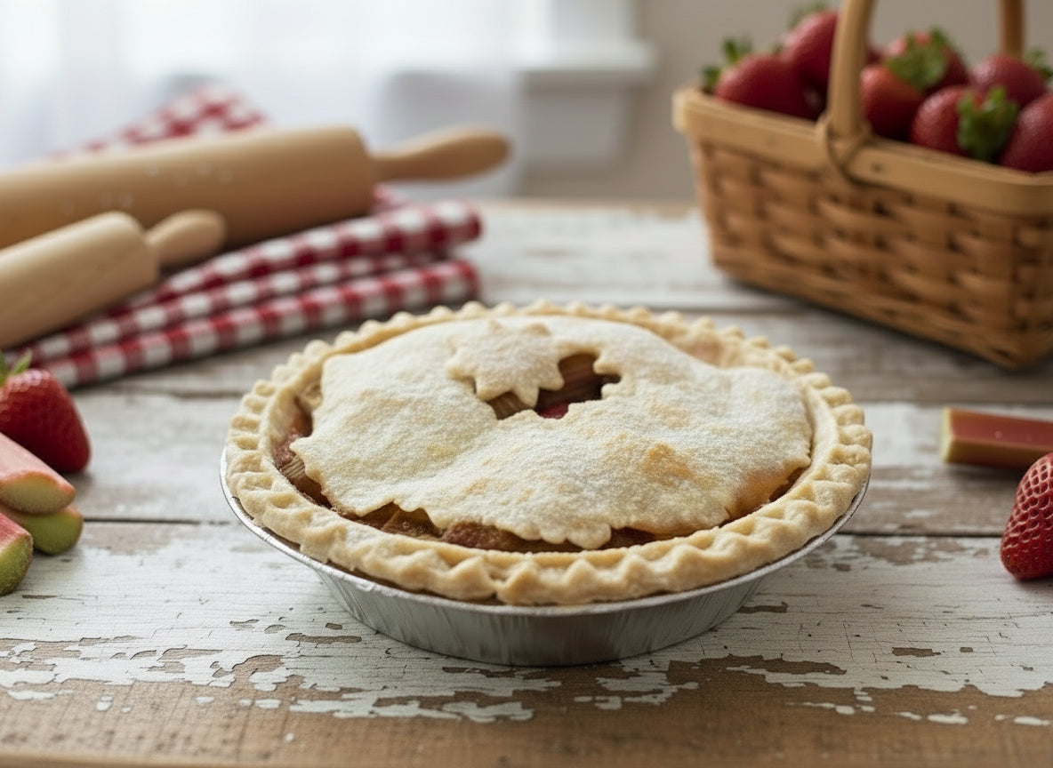 Sweet Pea’s 5” Strawberry Rhubarb Pie with an AI-Generated Background