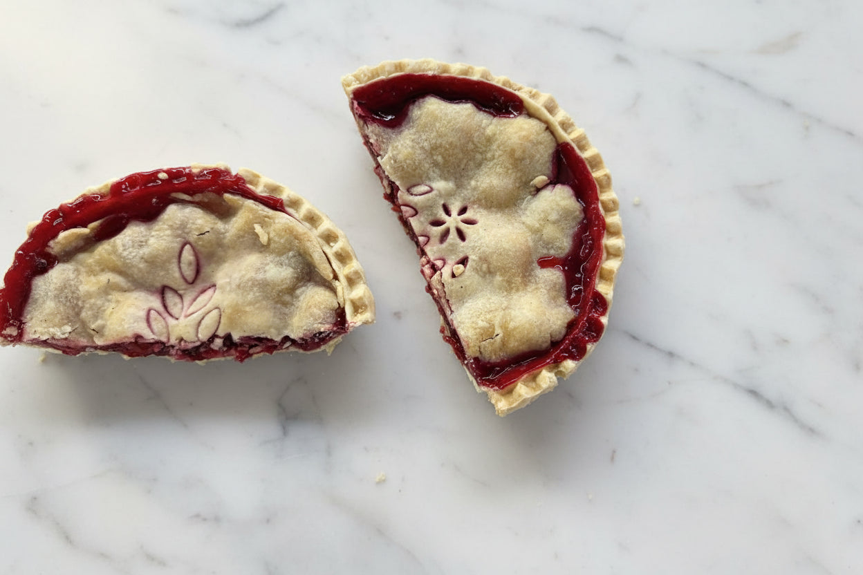 Vegan cherry and raspberry pie made by Sweet Pea's in a 5" size