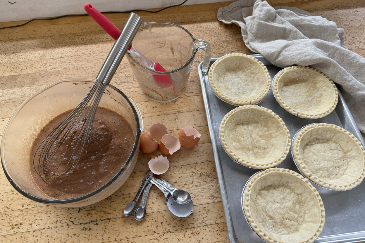 Getting ready to bake chocolate custard pies at Sweet Pea's in Mayville Wisconsin