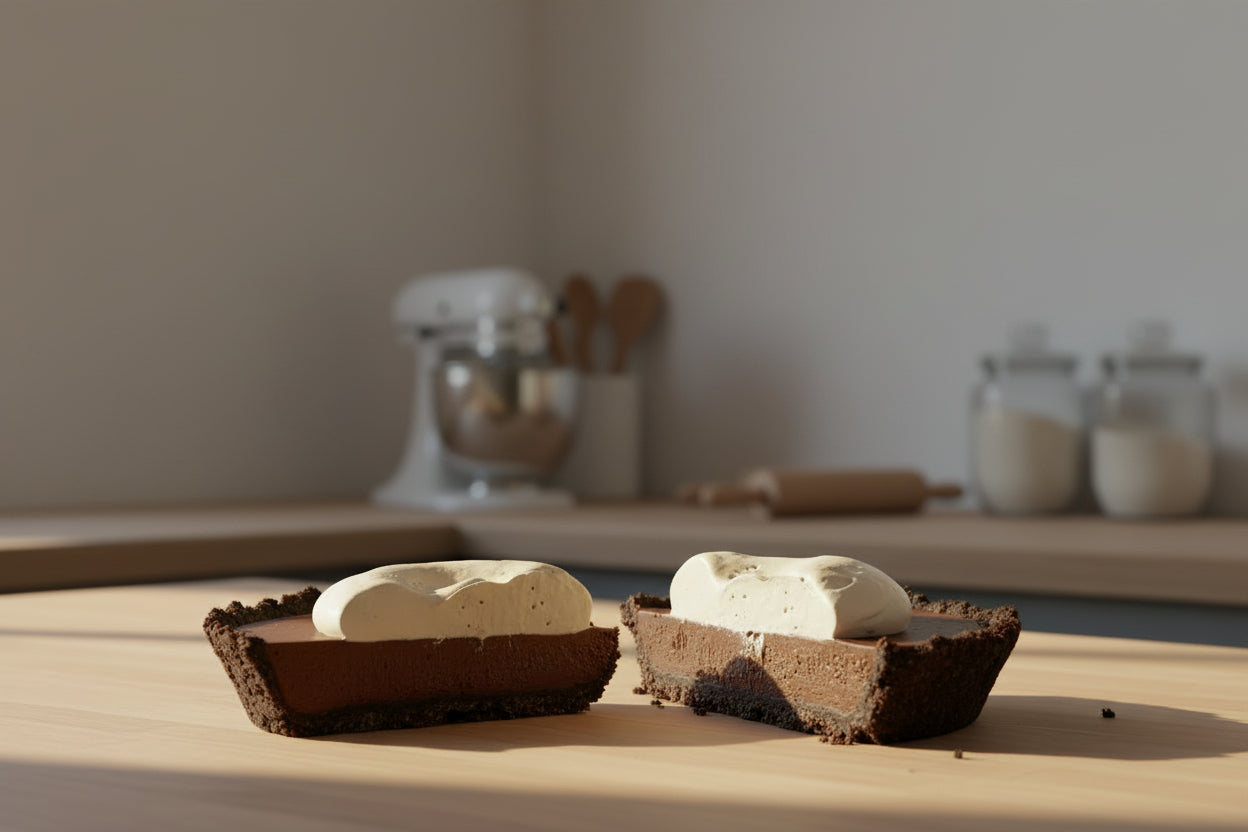 Chocolate Extreme pie whole and cut in half with cookie crust, ganache, and chocolate whipped cream made by Sweet Pea's in Mayville Wisconsin