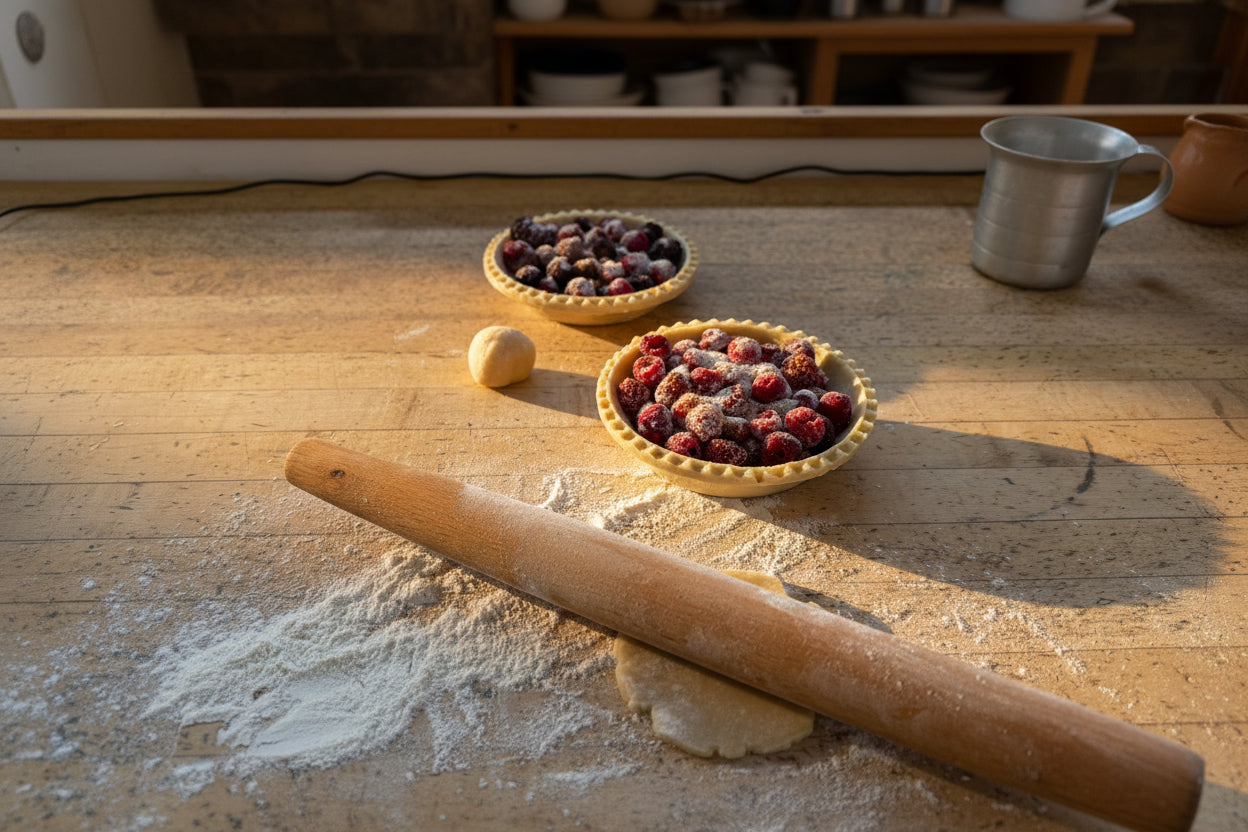 Sweet Pea's vegan pie crust filled with berries and the top crust being hand rolled.