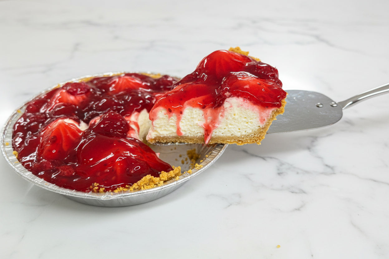 A cross-view of Sweet Peas raspberry topped mascarpone cream graham cracker crust pie made in Mayville, Wisconsin.