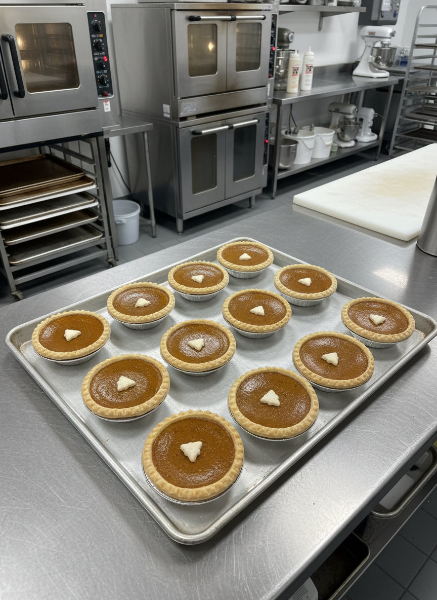 Sweet Pea's award winning 5" pumpkin pie with christmas decorations set in an ai generated background