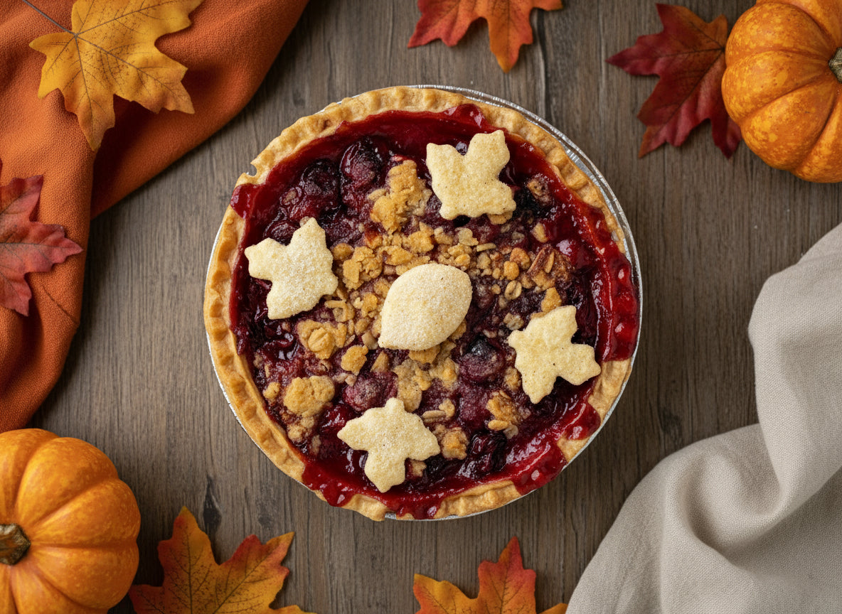 sweet peas 5" cherry crumble pie with thanksgiving decorations - background image only is ai generated