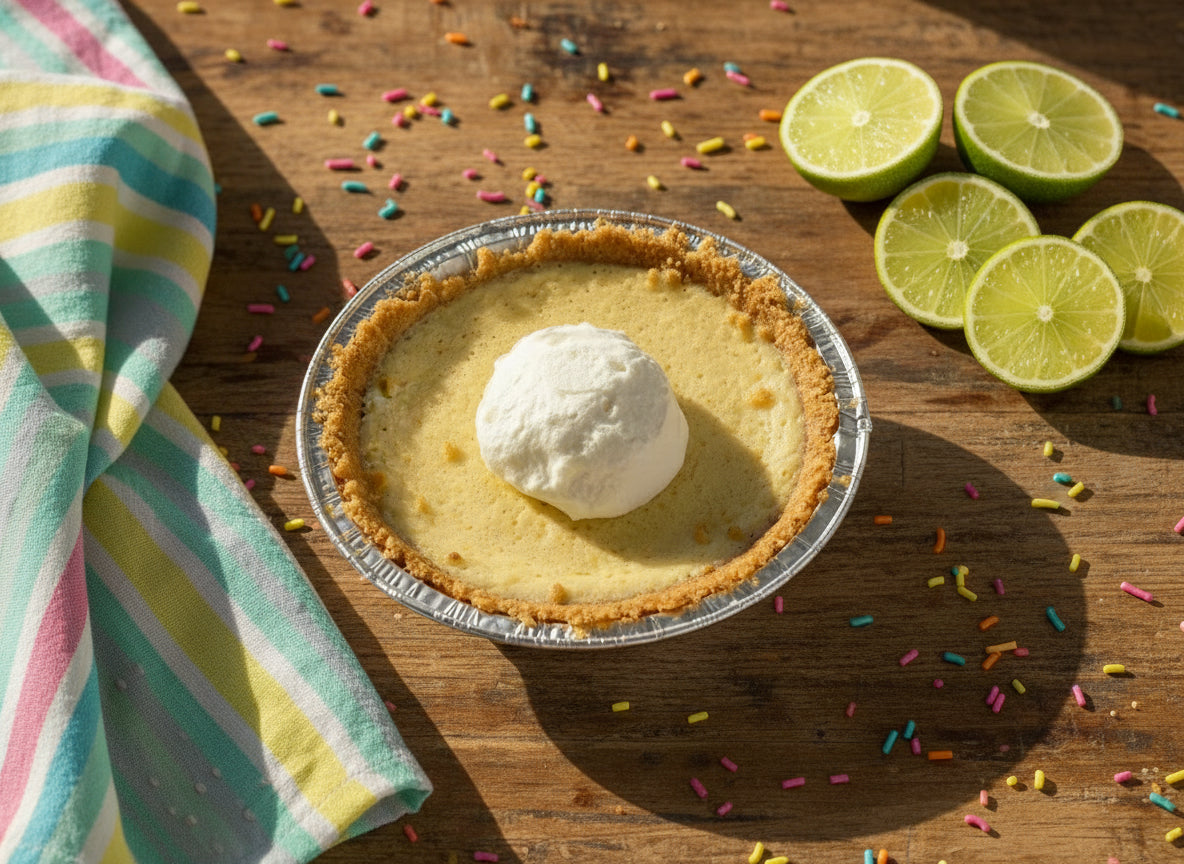 Sweet Pea’s 5” key lime pie in graham cracker crust in an ai generated background