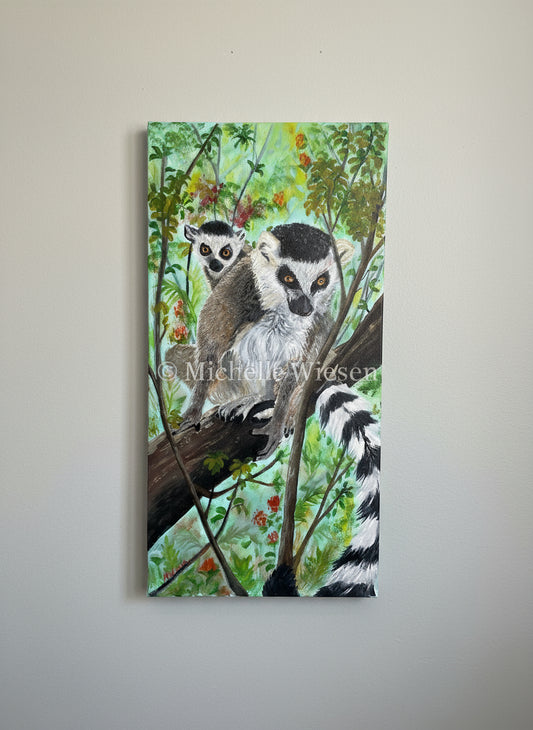 Lemurs from the Cristo Ray Ranch in Mt. Calvary. Acrylic on stretched canvas 12 x 24