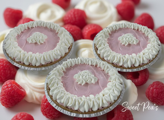 
Three raspberry icebox pies with whipped cream surrounded by raspberries and whipped cream ai generated background
