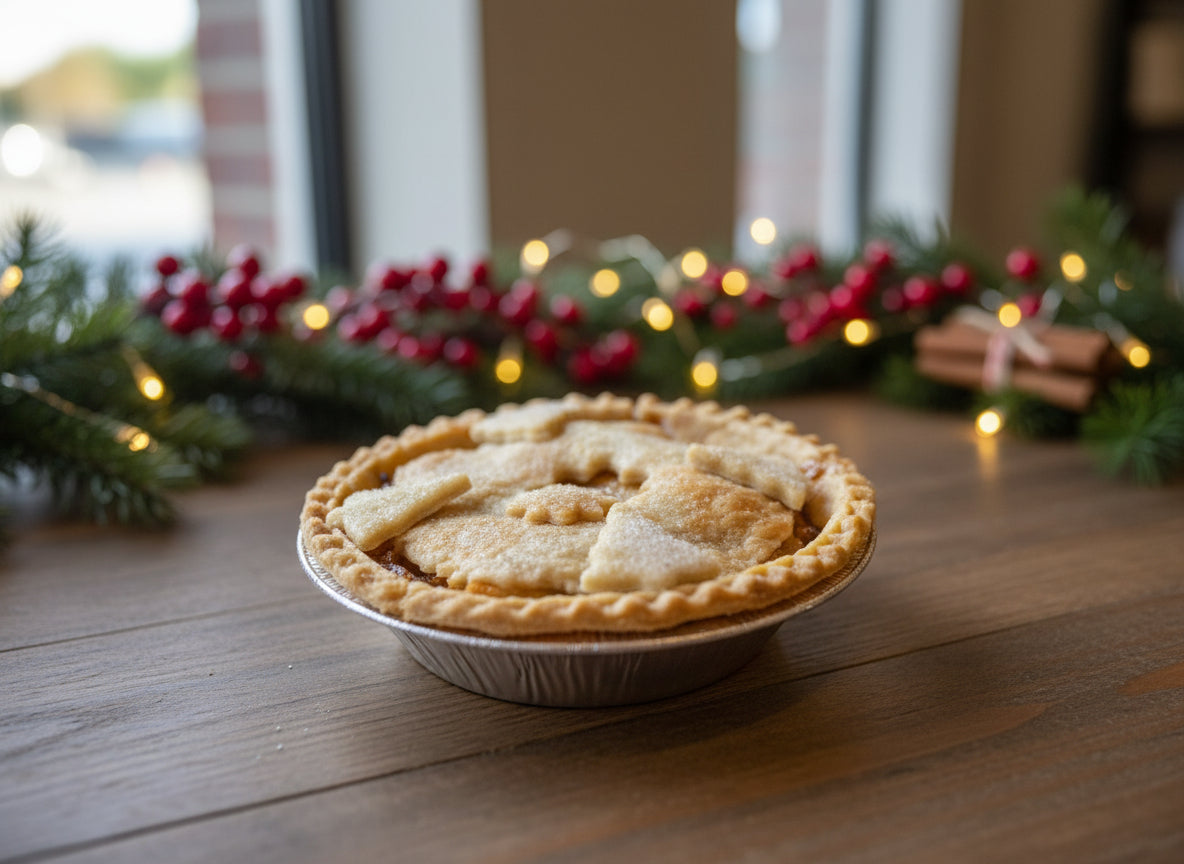5" apple pie with christmas decorations - the background only is ai generated
