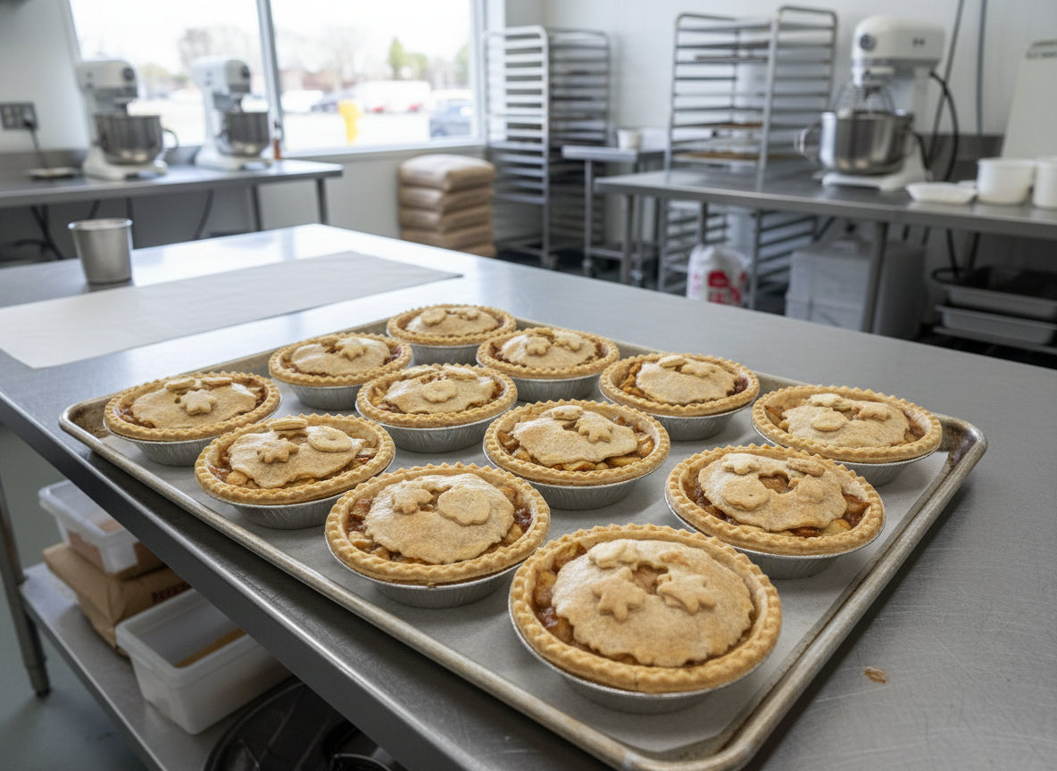 5" mini apple pie with fall decorations set in an ai generated background
