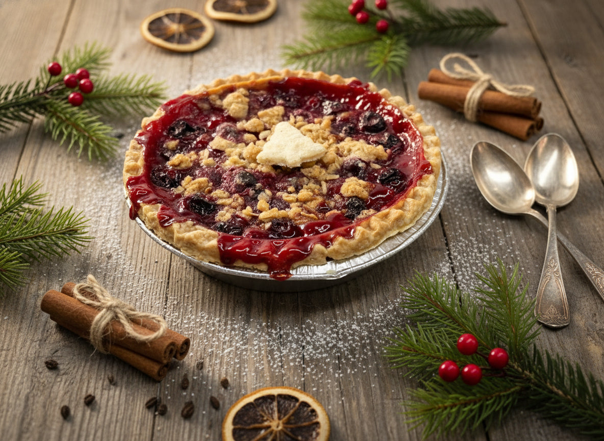 Sweet Pea's tart cherry pie with brown sugar, butter, and oatmeal crumb topping set in an ai generated background.
