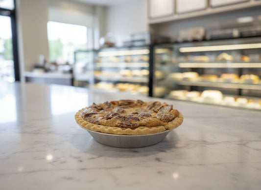 sweet peas decadent buttery pecan pie in original or bourbon varieties - ai generated background only