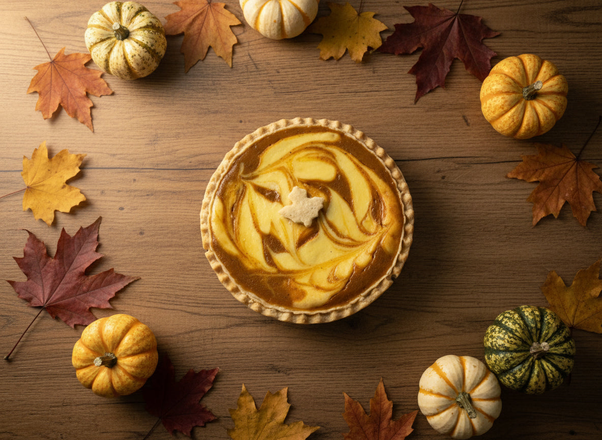 5" cream cheese pumpkin pie with thanksgiving decorations and ai generated background only