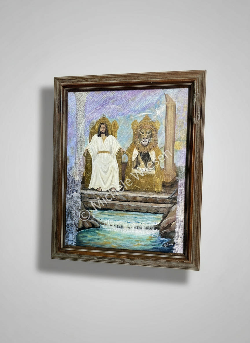 This painting depicts Jesus, God, and the Holy Spirit behind the torn veil. In the background are the golden rooms that have been prepared for us. painted on 16x20 panel. Frame included.